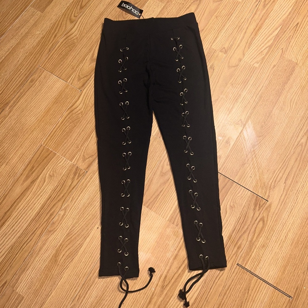 3/$20 Boohoo black Lace-Up pull on pants ladies 10 - Picture 2 of 7